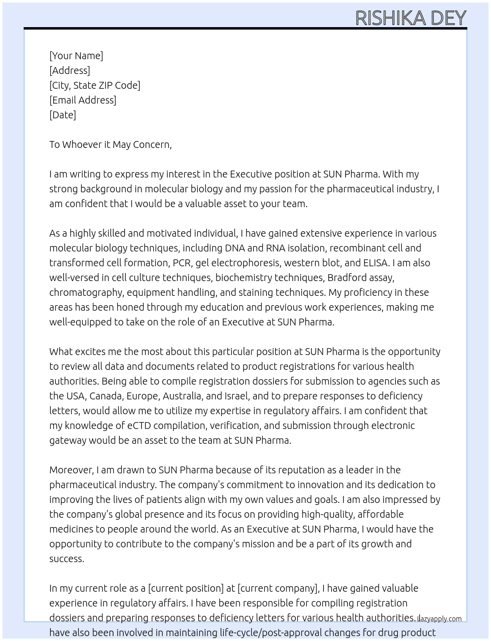 Executive  At SUN Pharma  Cover Letter