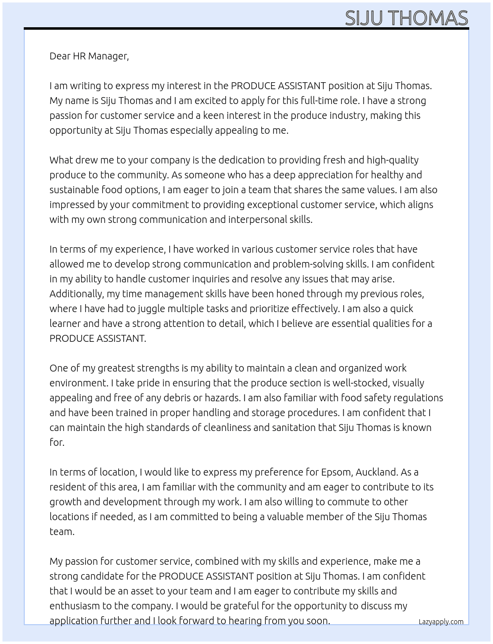 PRODUCE ASSISTANT At Siju Thomas Cover Letter