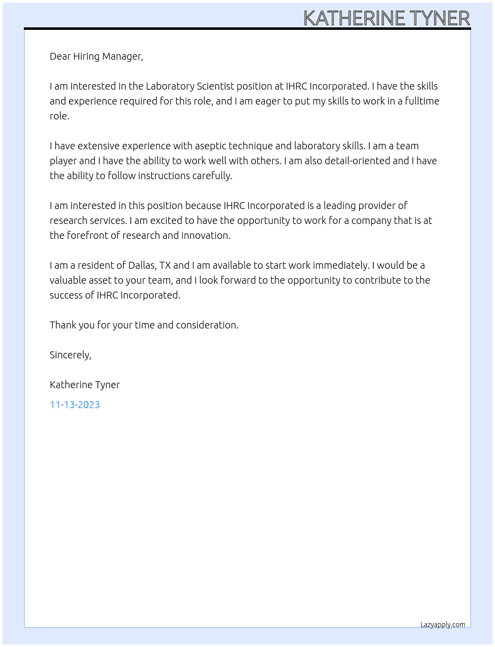 Laboratory Scientist At IHRC Incorporated Cover Letter