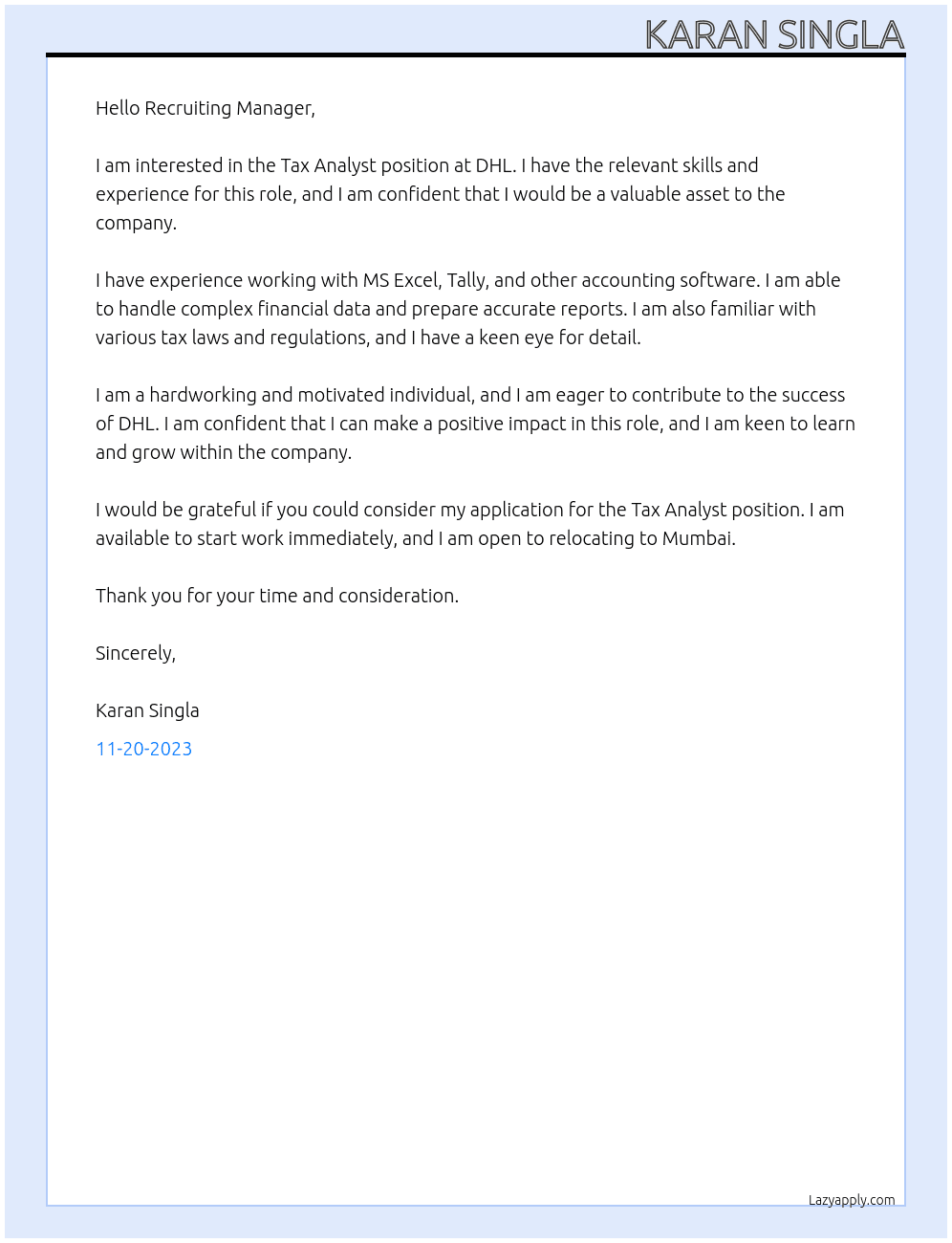Tax Analyst At DHL Cover Letter