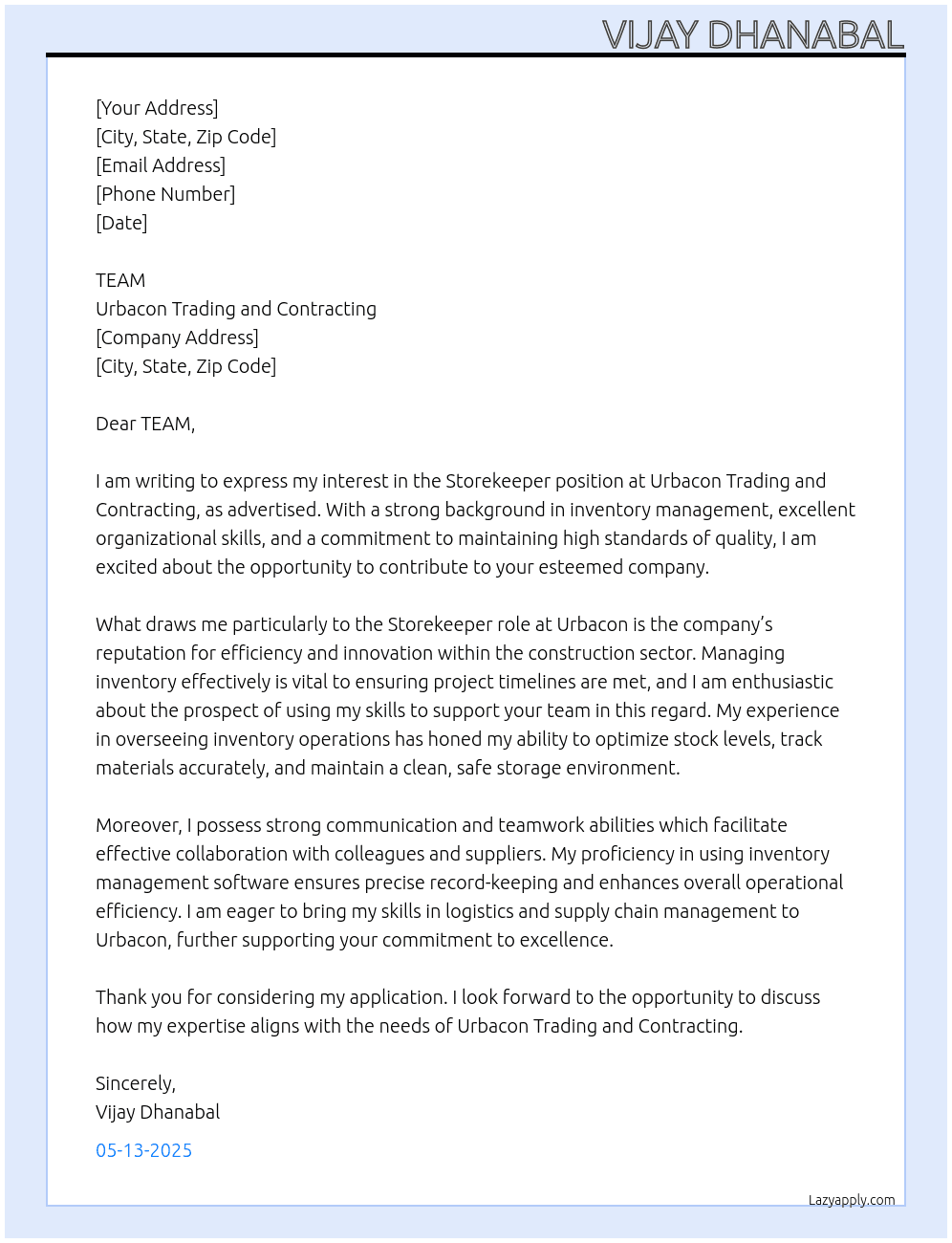 STOREKEEPER At URBACON TRADING AND CONTRACTING Cover Letter