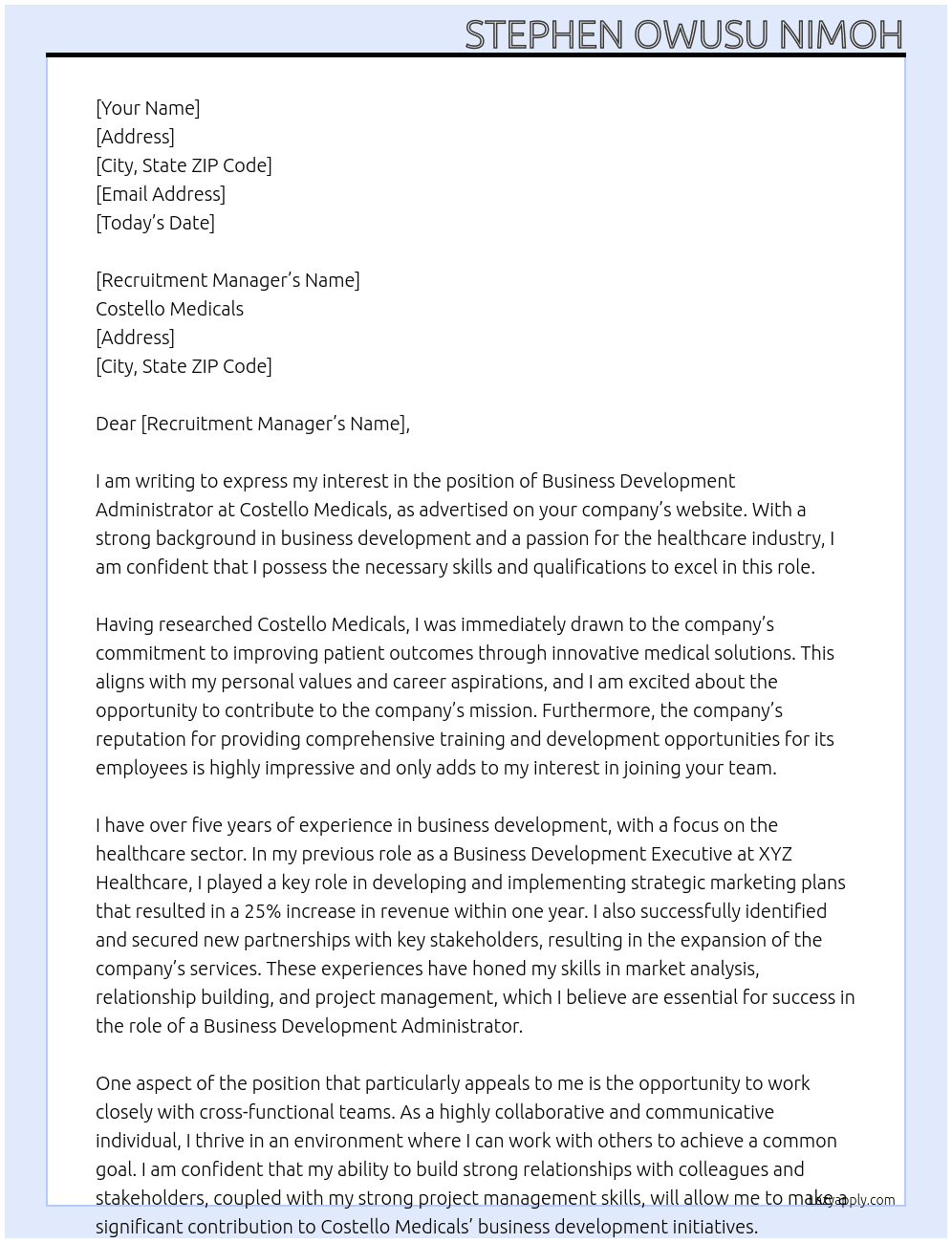 Business Development Administrator At Costello Medicals Cover Letter