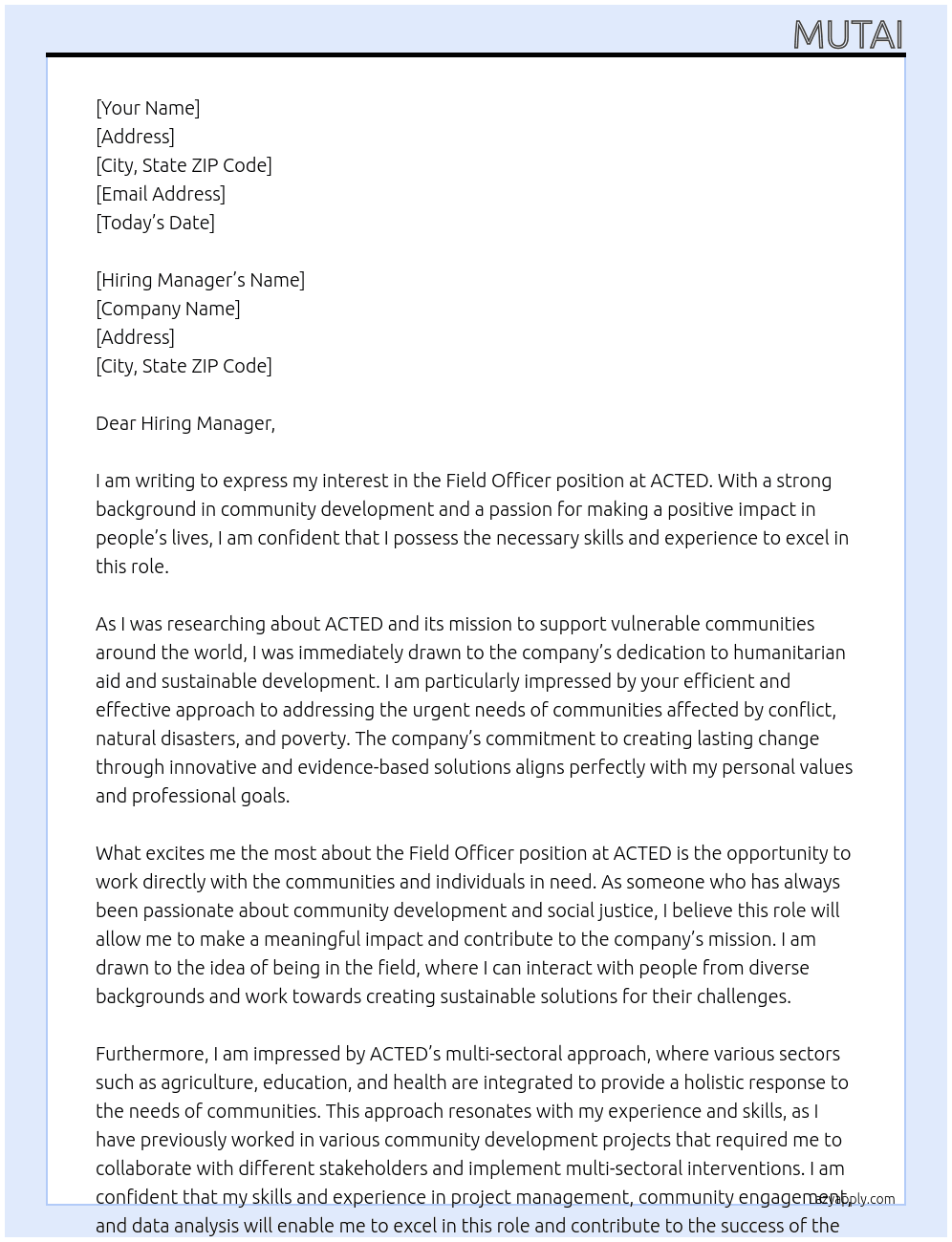 field officer At acted Cover Letter