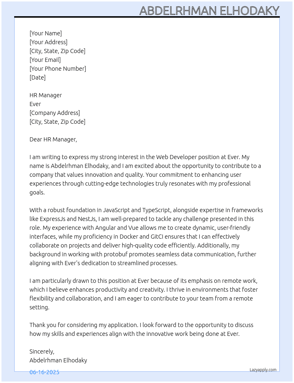 web developer At ever Cover Letter