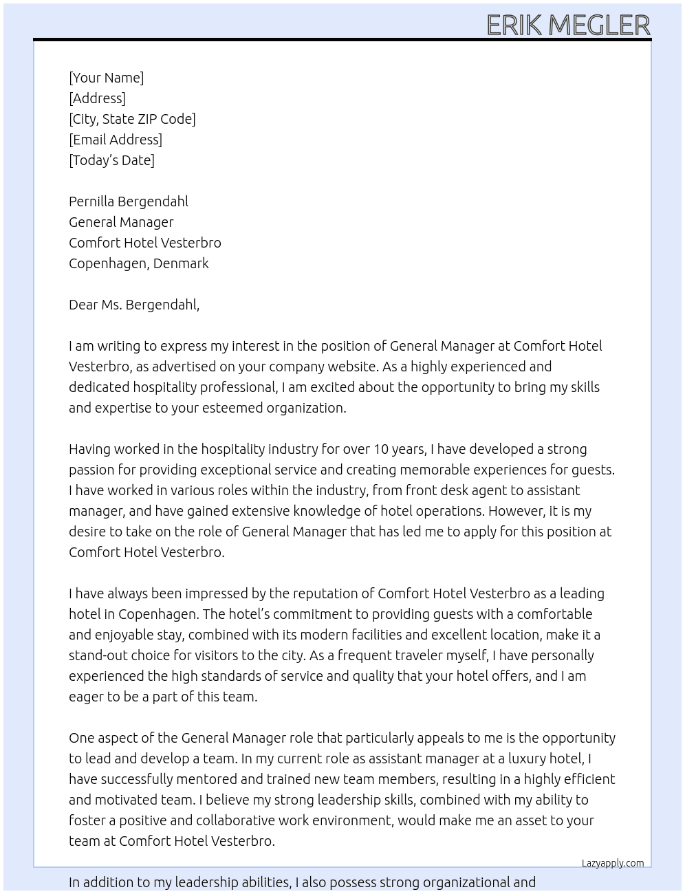 General Manager At Comfort Hotel Vesterbro Cover Letter