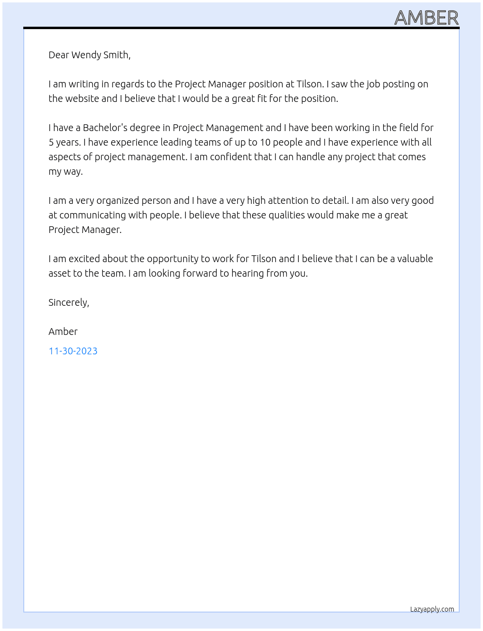 Project Manager At Tilson Cover Letter