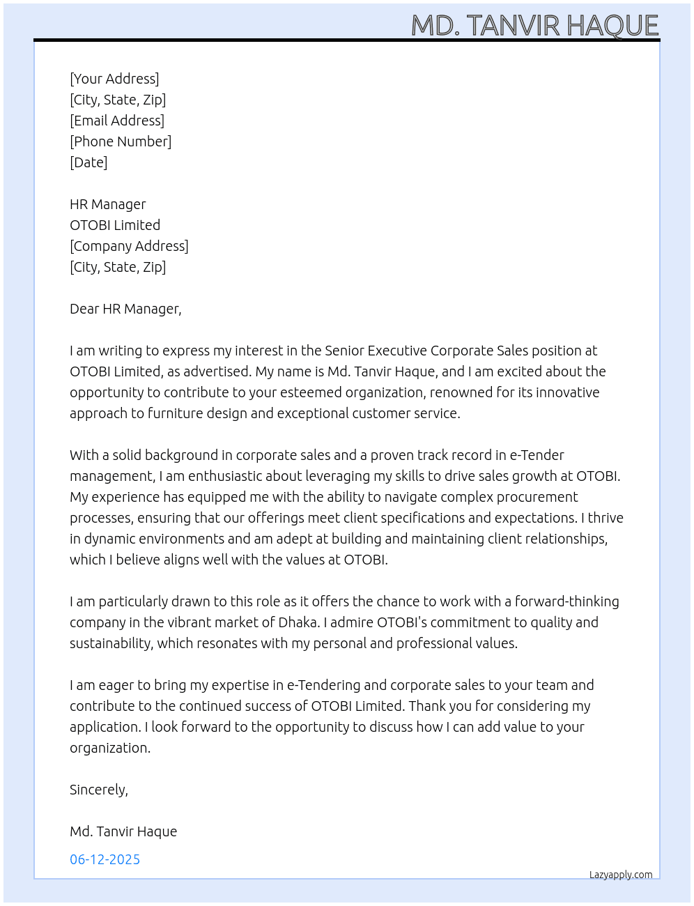 Senior Executive Corporate Sales At OTOBI Limited Cover Letter