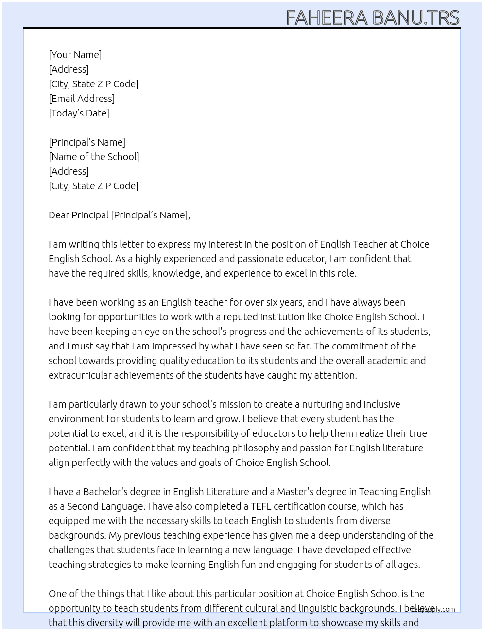 English Teacher  At Choice English school  Cover Letter