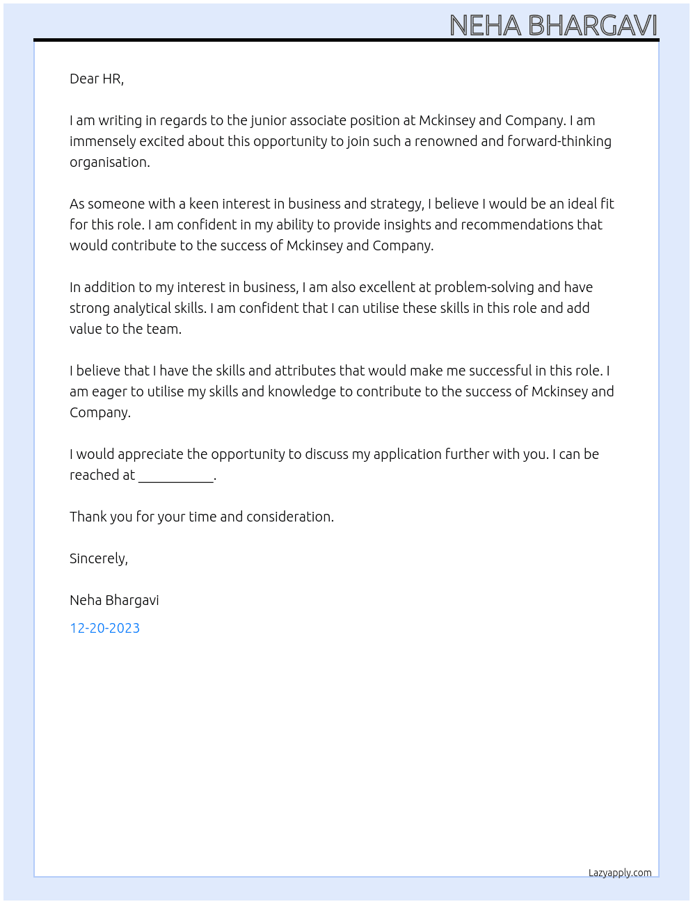 junior associate At Mckinsey and Company Cover Letter