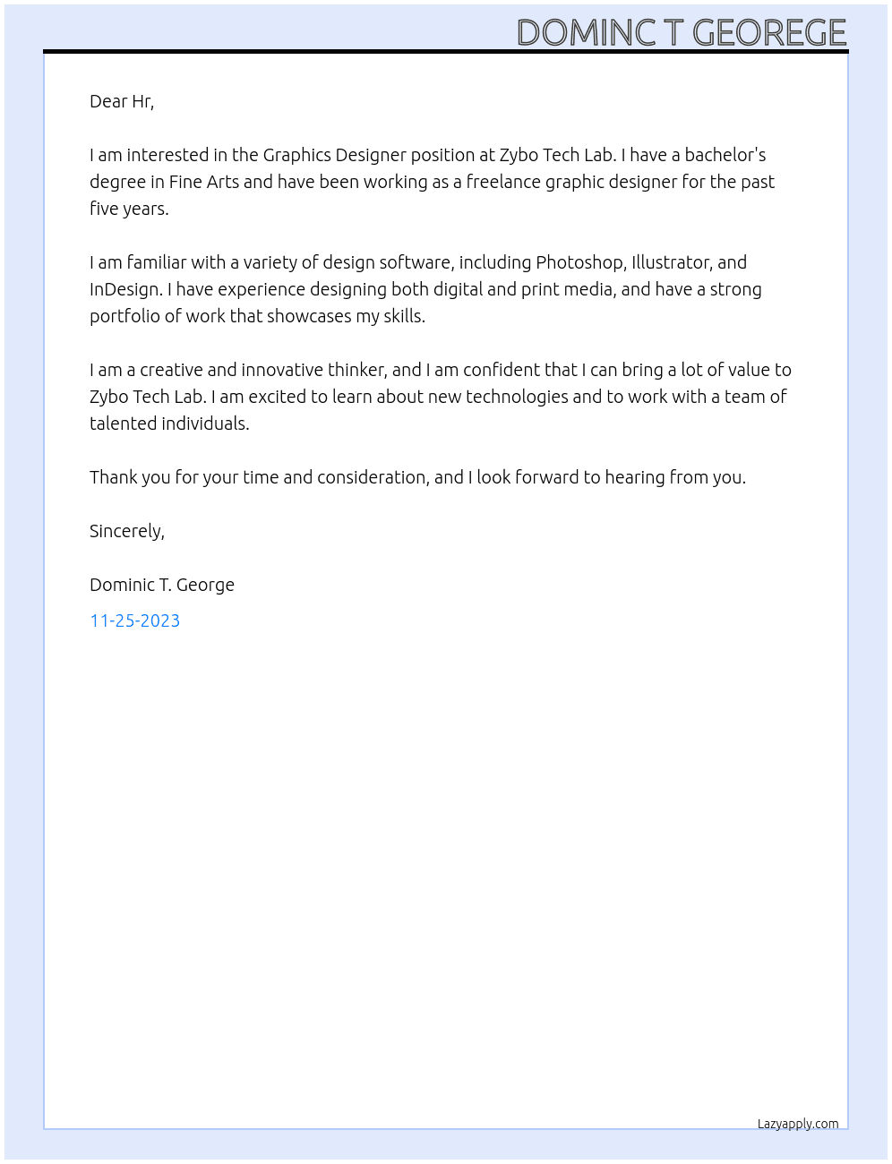 Graphics Designer At Zybo Tech Lab Cover Letter