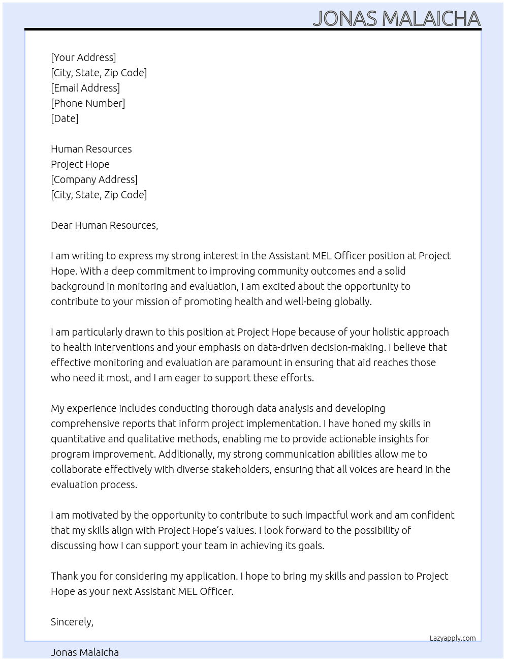 Assistant MEL Officer At project hope Cover Letter