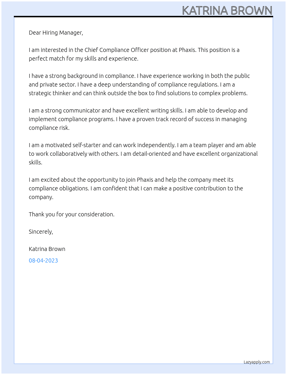 Chief Compliance Officer At Phaxis Cover Letter
