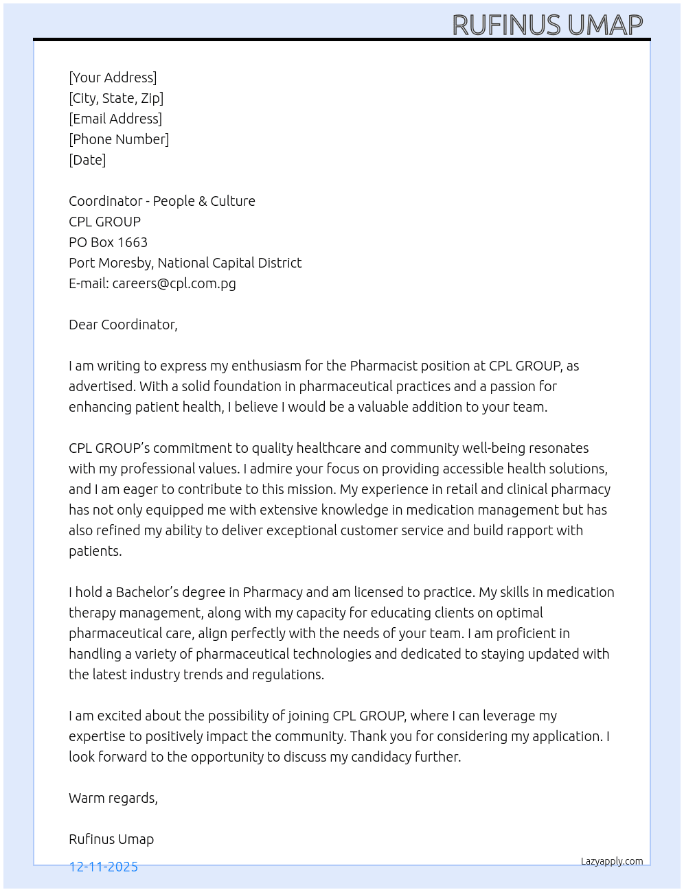 PHARMACIST  At CPL GROUP  Cover Letter