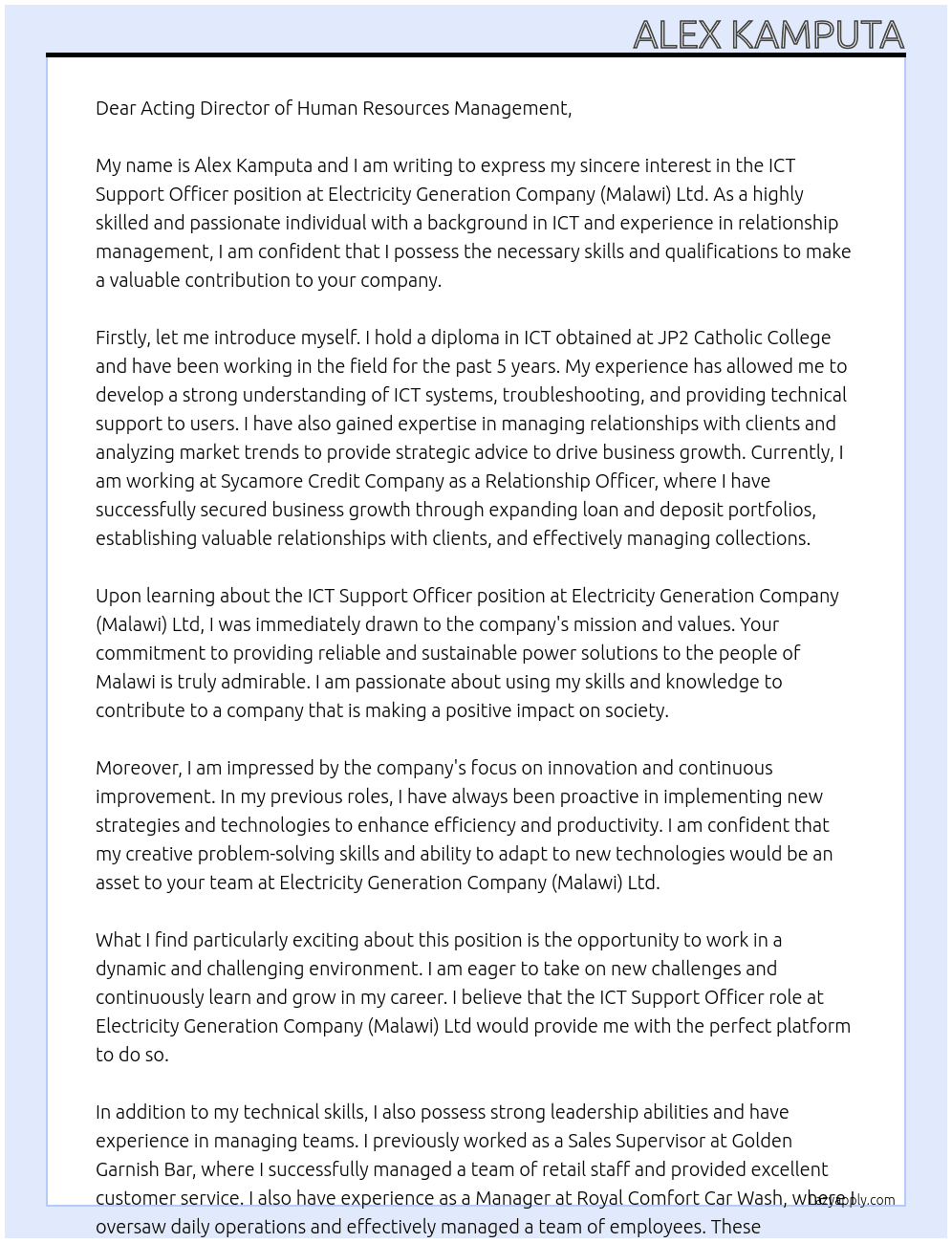 ICT support officer At Electricity Generation Company(malawi) Ltd Cover Letter