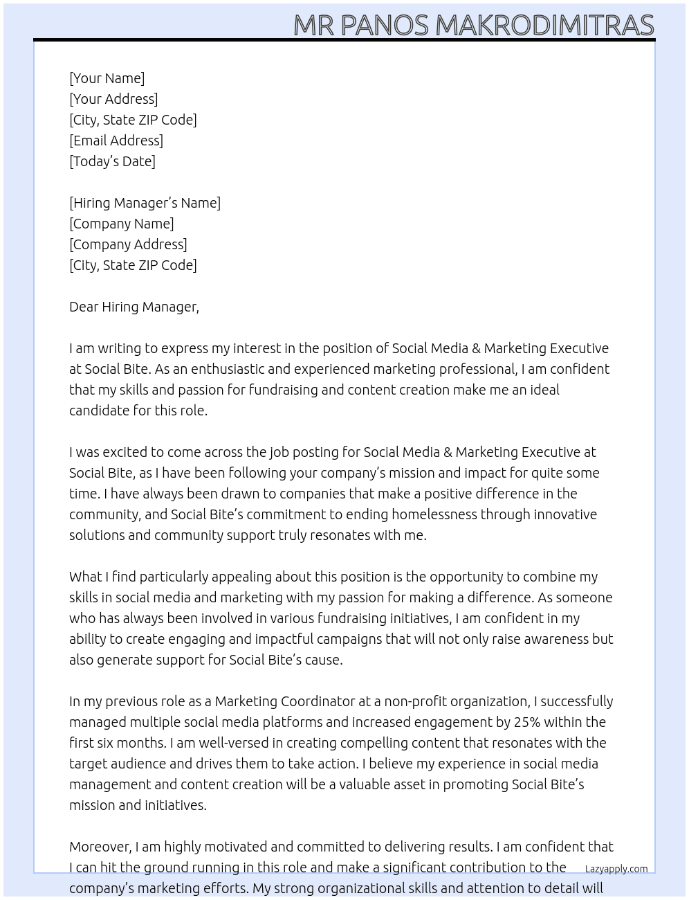 Social Media & Marketing Executive At Social Bite Cover Letter