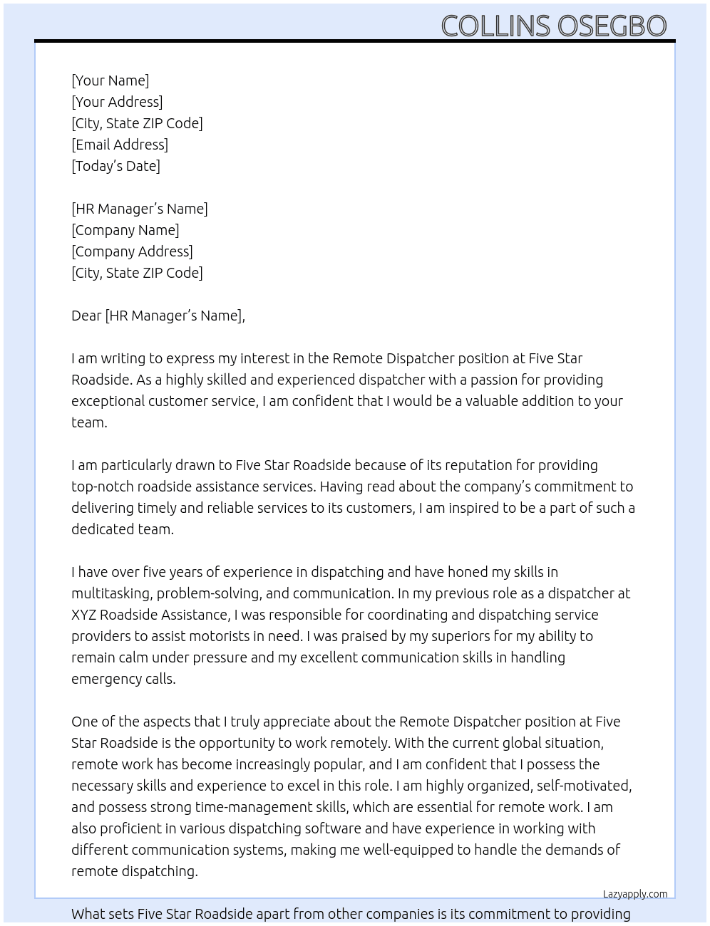 Remote Dispatcher At Five Star Roadside Cover Letter