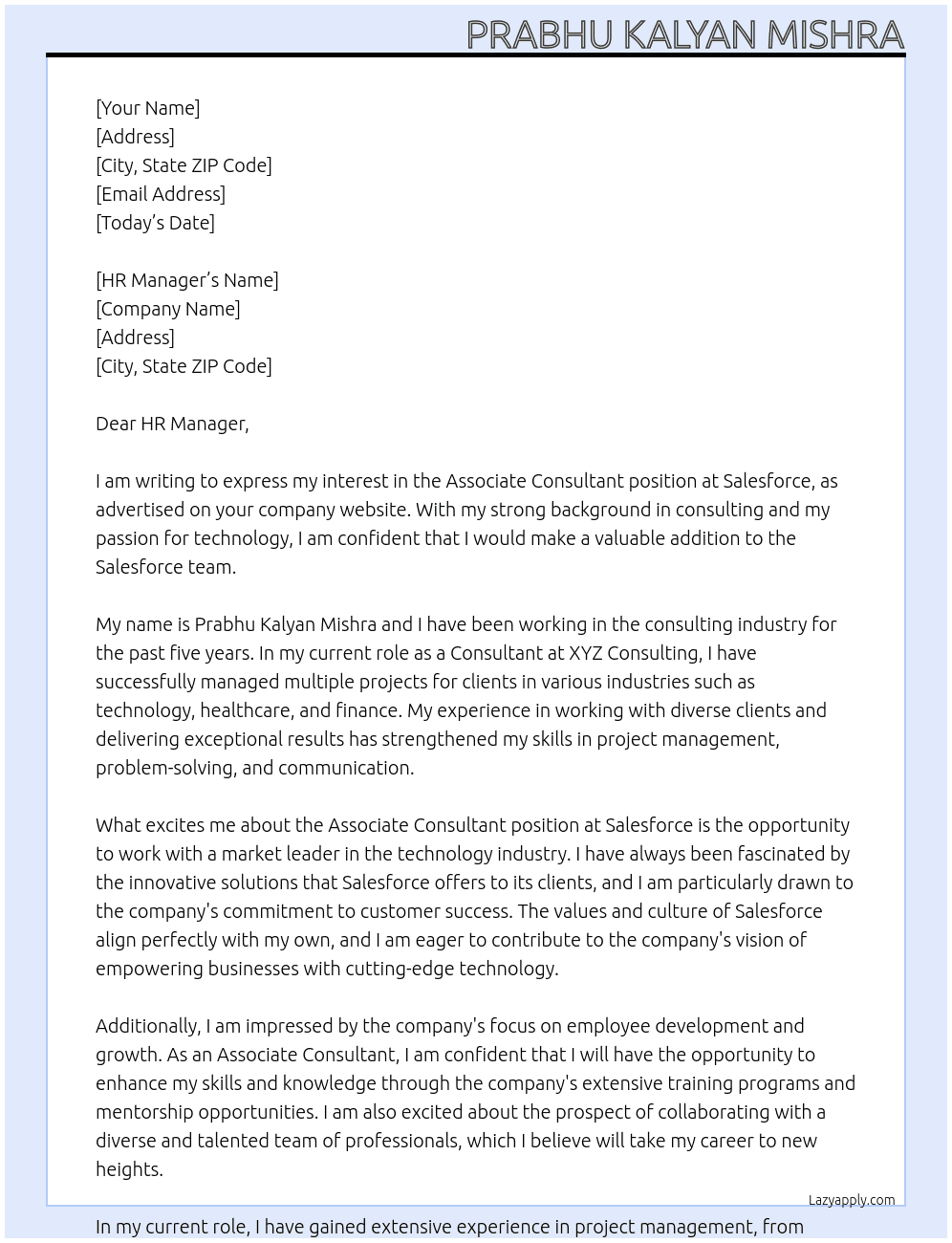 Associate Consultant At Salesforce Cover Letter