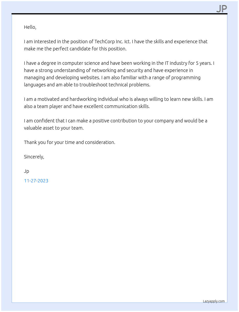 TechCorp Inc. At Ict Cover Letter