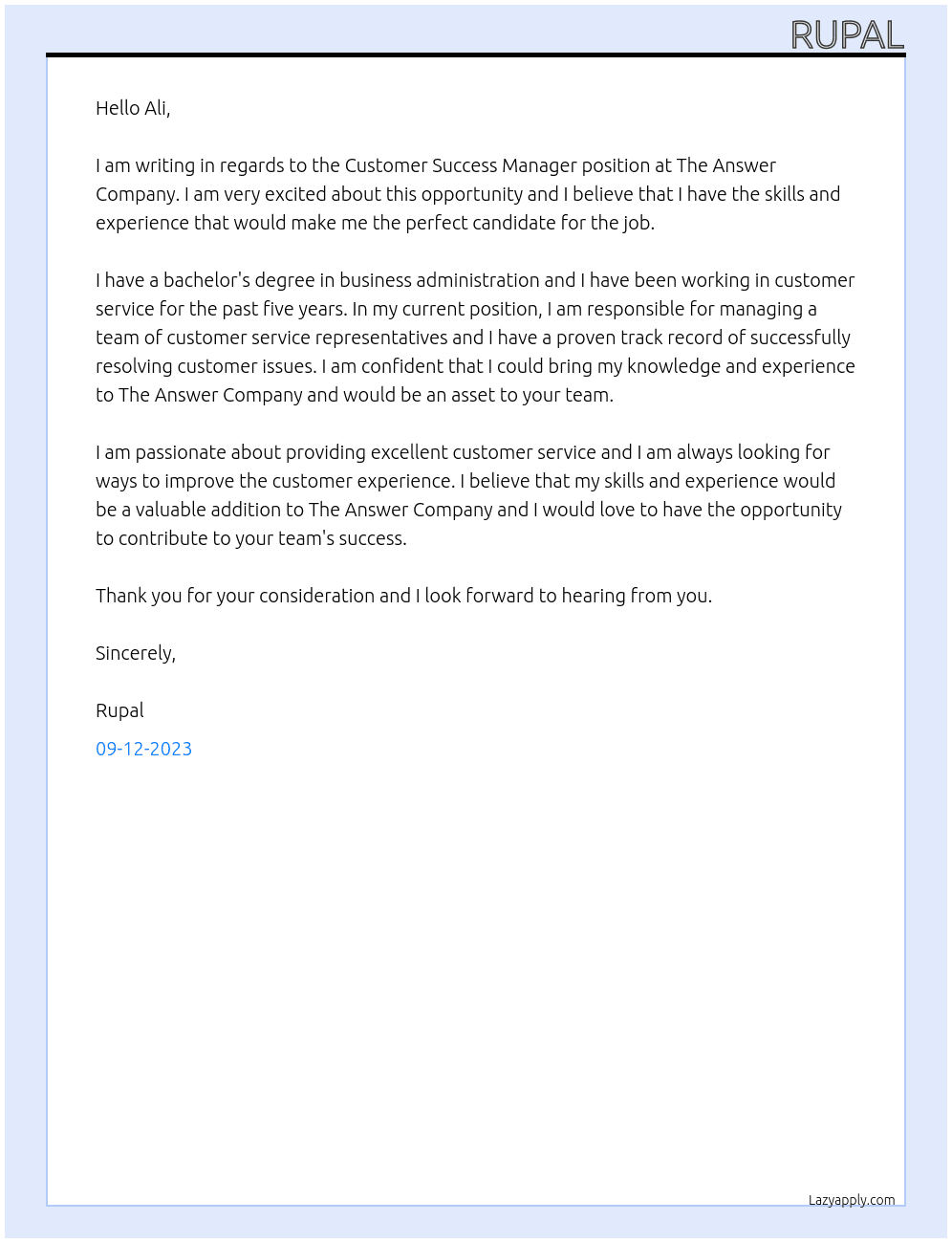 Customer Success Manager At The Answer Company Cover Letter