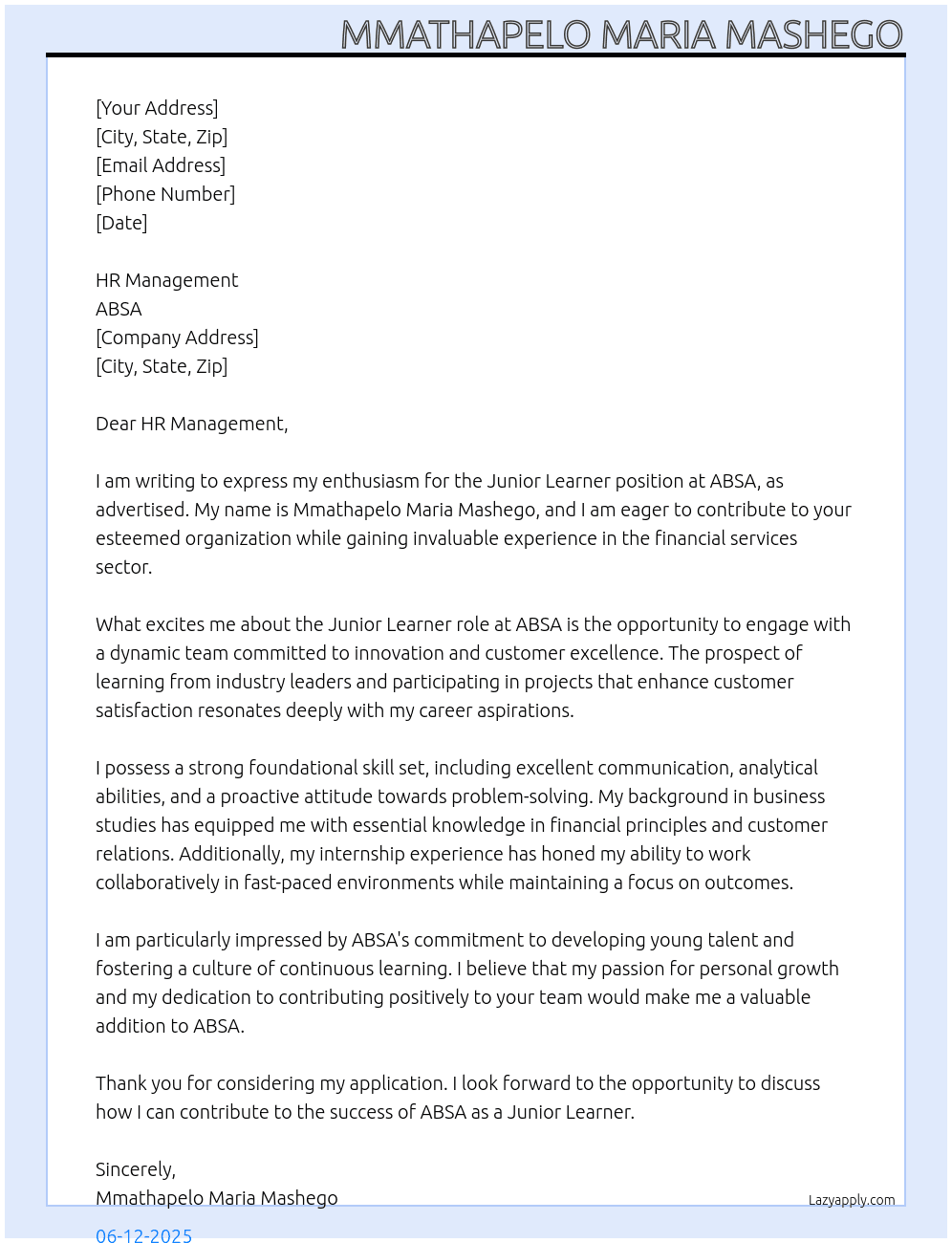 Junior learner At ABSA Cover Letter