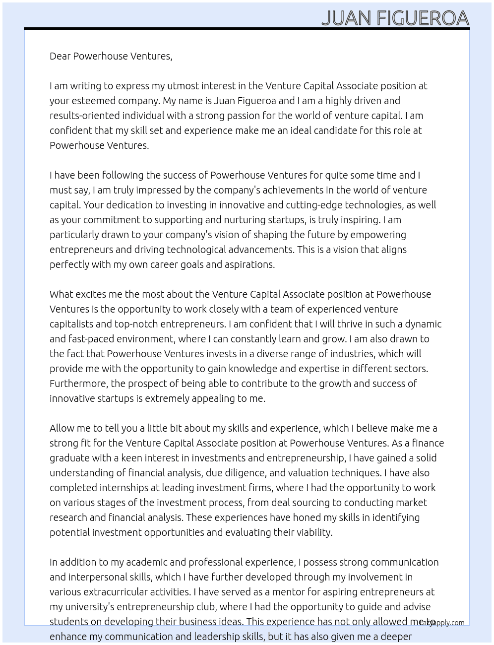 Venture Capital Asscoaite At Powerhouse Ventures Cover Letter
