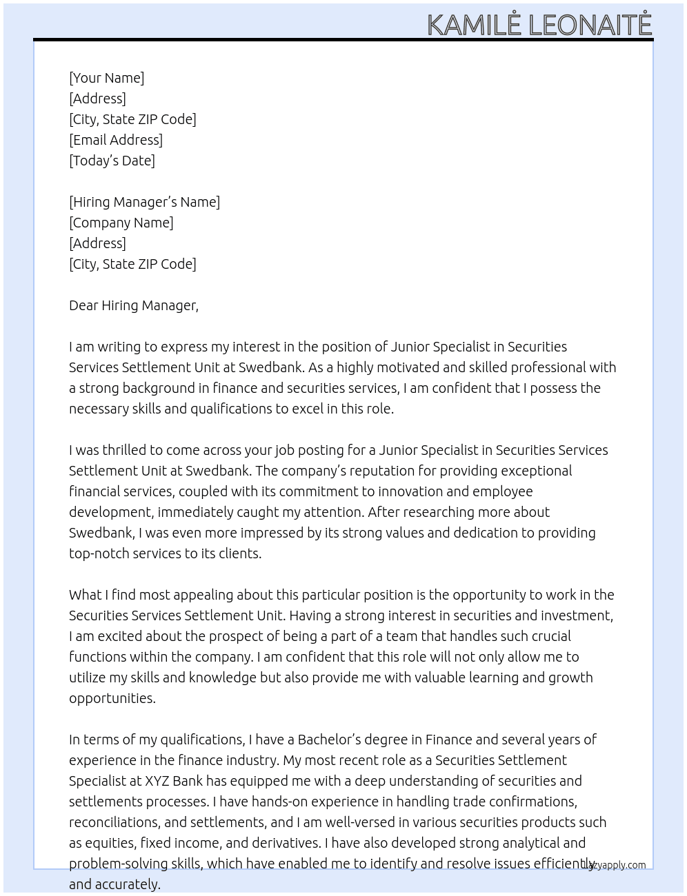 Junior Specialist in Securities Services Settlement Unit At Swedbank Cover Letter