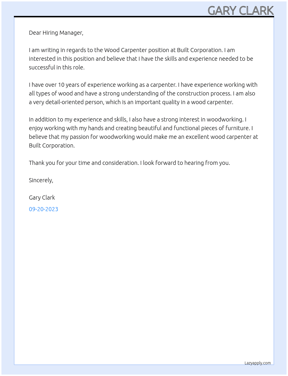 Wood Carpenter At Built Corporation Cover Letter