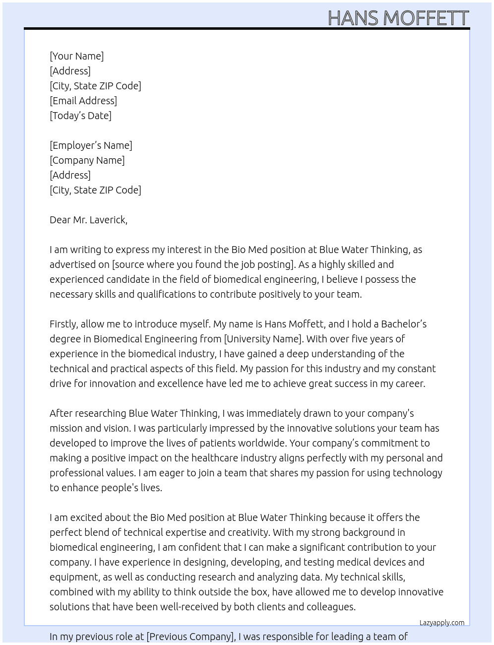 Bio Med At Blue Water Thinking Cover Letter