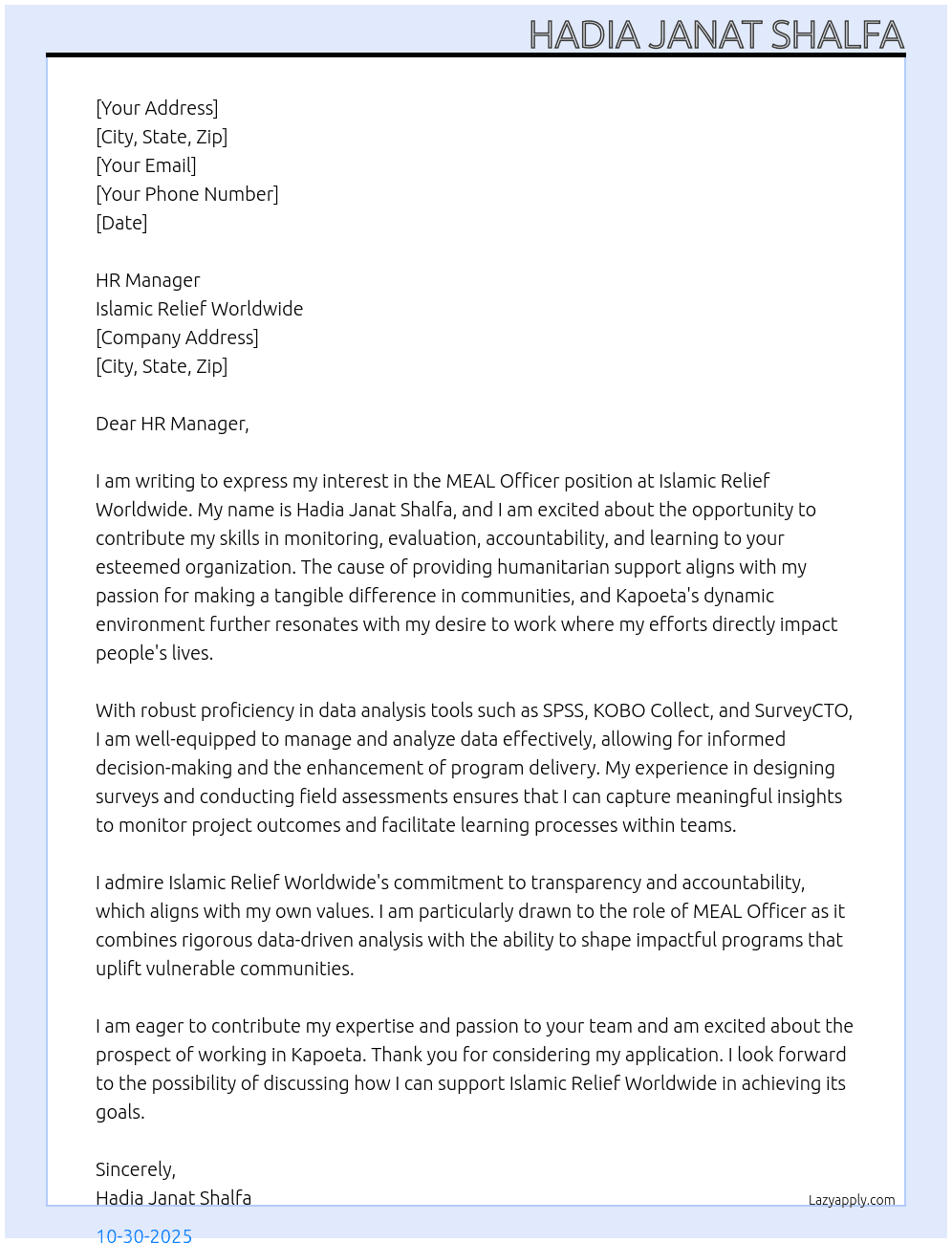 MEAL Officer At Islamic Relief Worldwide Cover Letter