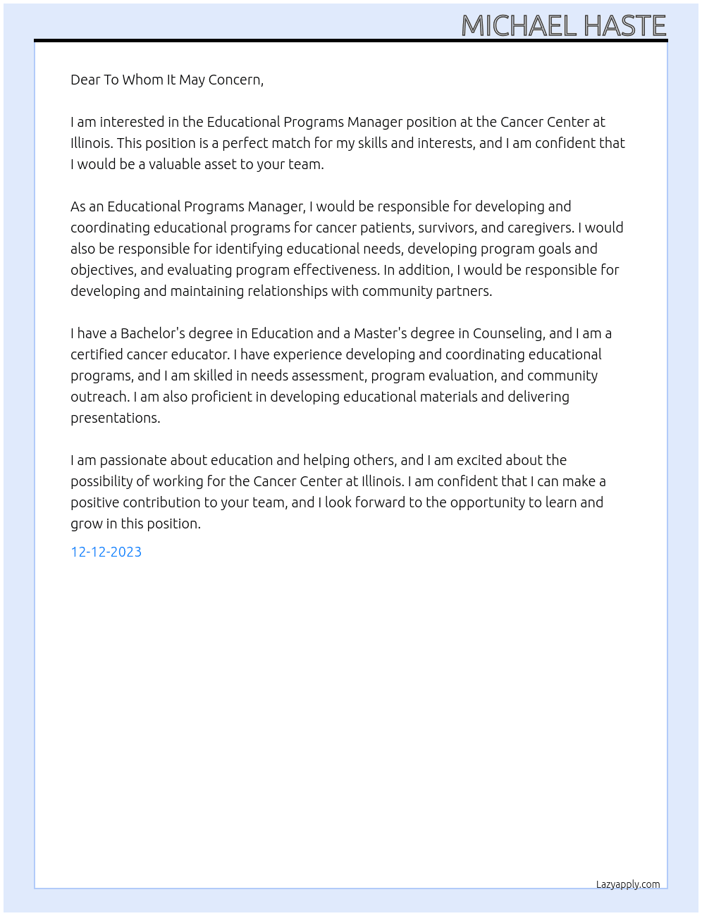 Educational Programs Manager At Cancer Center at Illinois Cover Letter