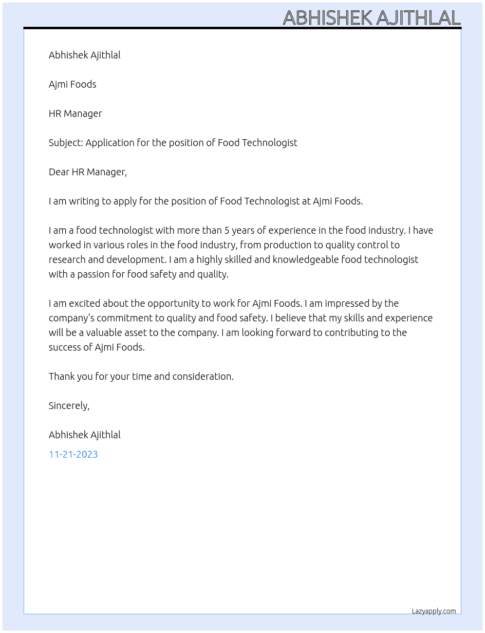 Food Technologist At Ajmi Foods Cover Letter