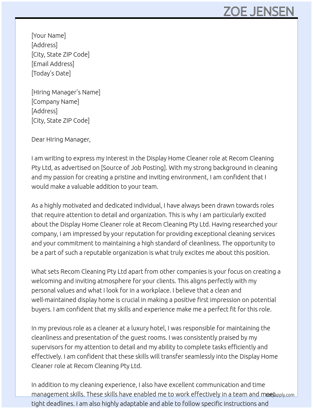 Display home cleaner  At Recom cleaning Pty ltd  Cover Letter