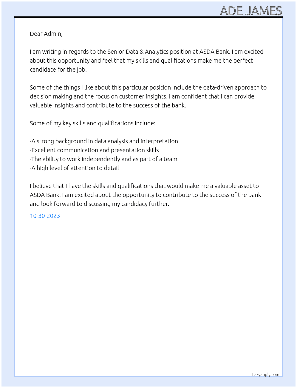 Senior Data & Analytics At asda bank Cover Letter