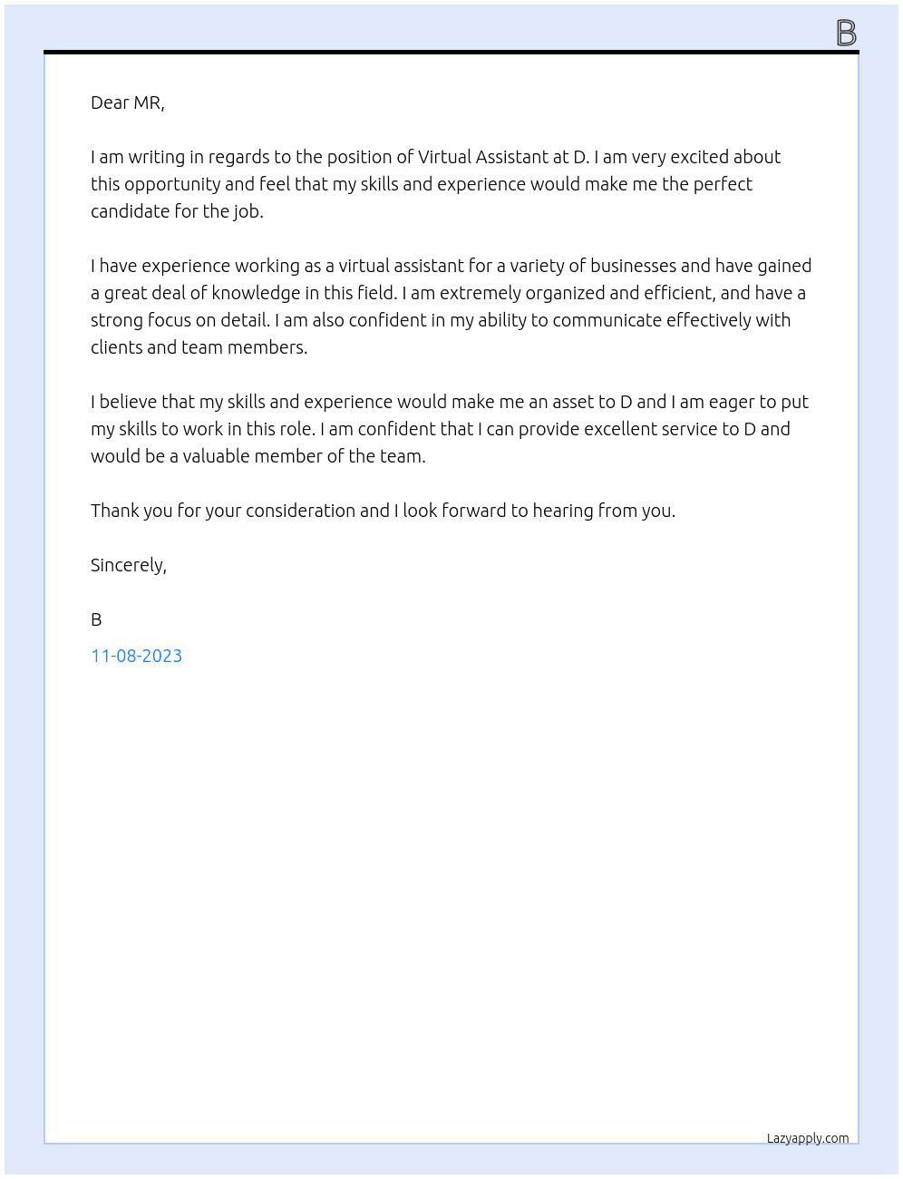 VIRTUAL ASSISTANCE At D Cover Letter