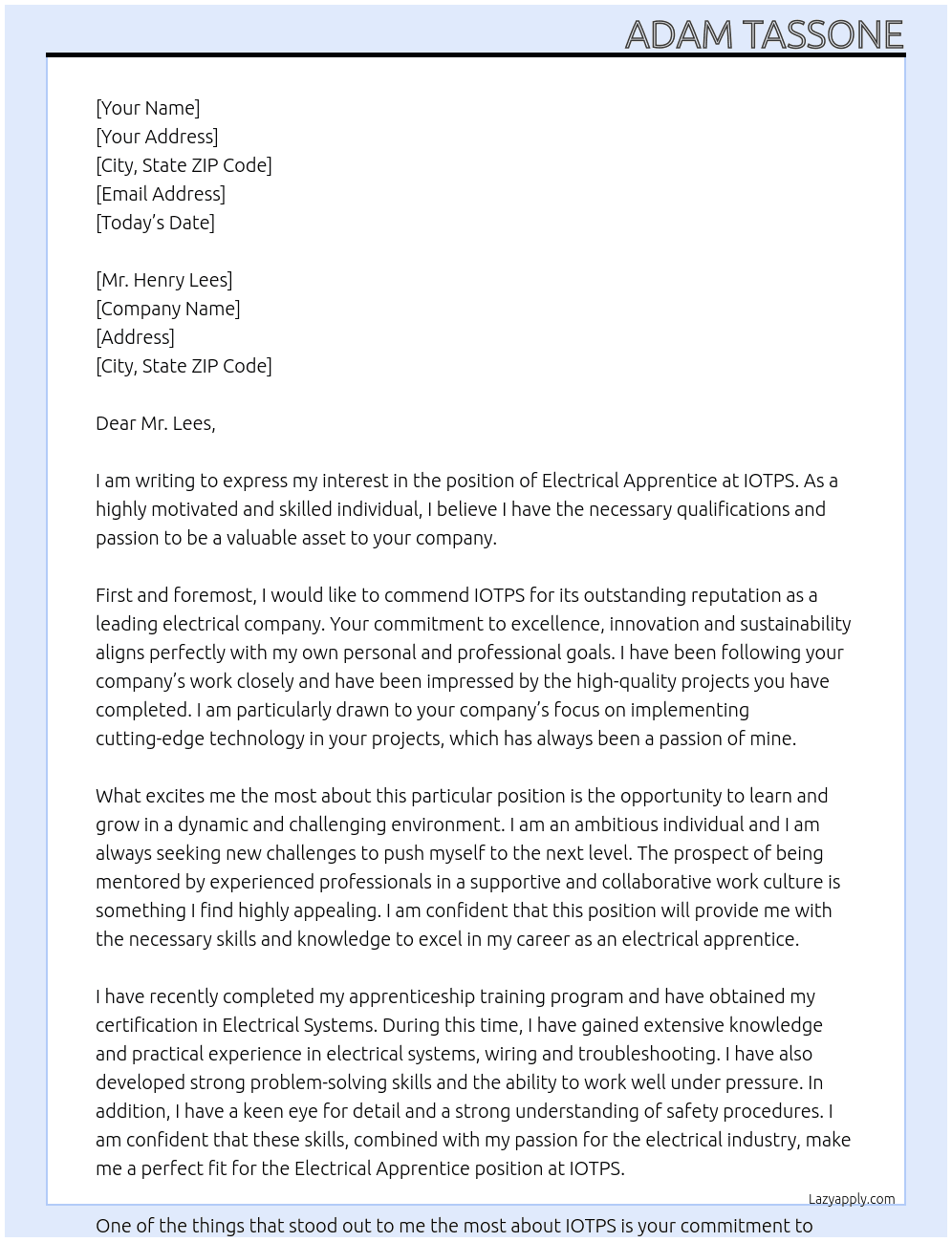 Electrical Apprrentice At IOTPS Cover Letter