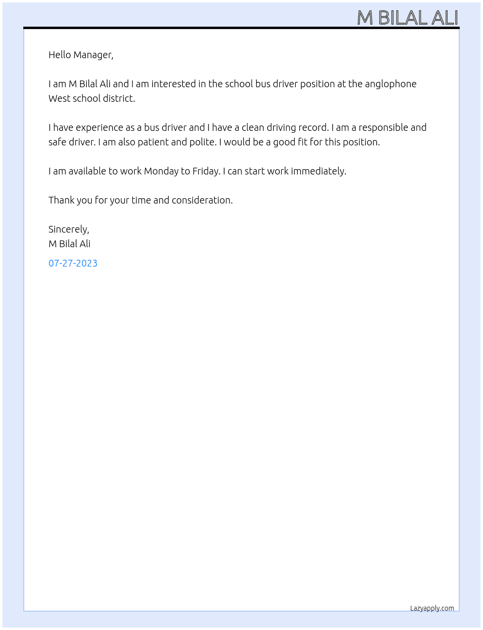 school bus driver At anglophone West school district  Cover Letter