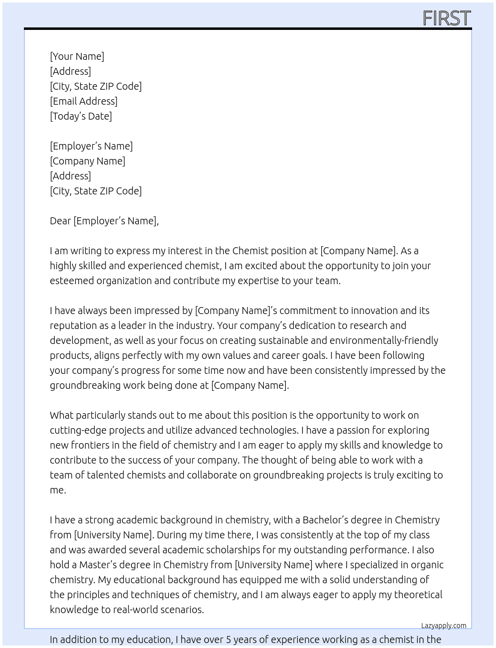 Chemist At Company Cover Letter