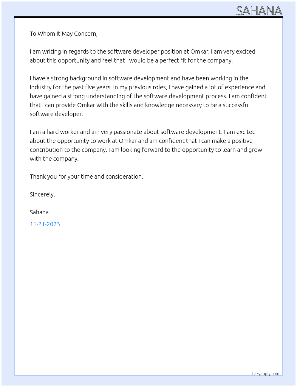 software develpor At omkar Cover Letter