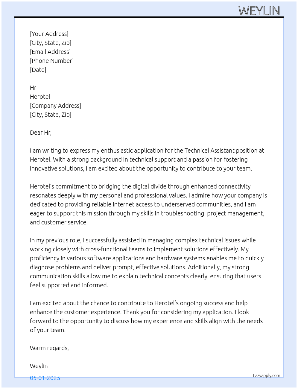 Technical assistant  At Herotel  Cover Letter