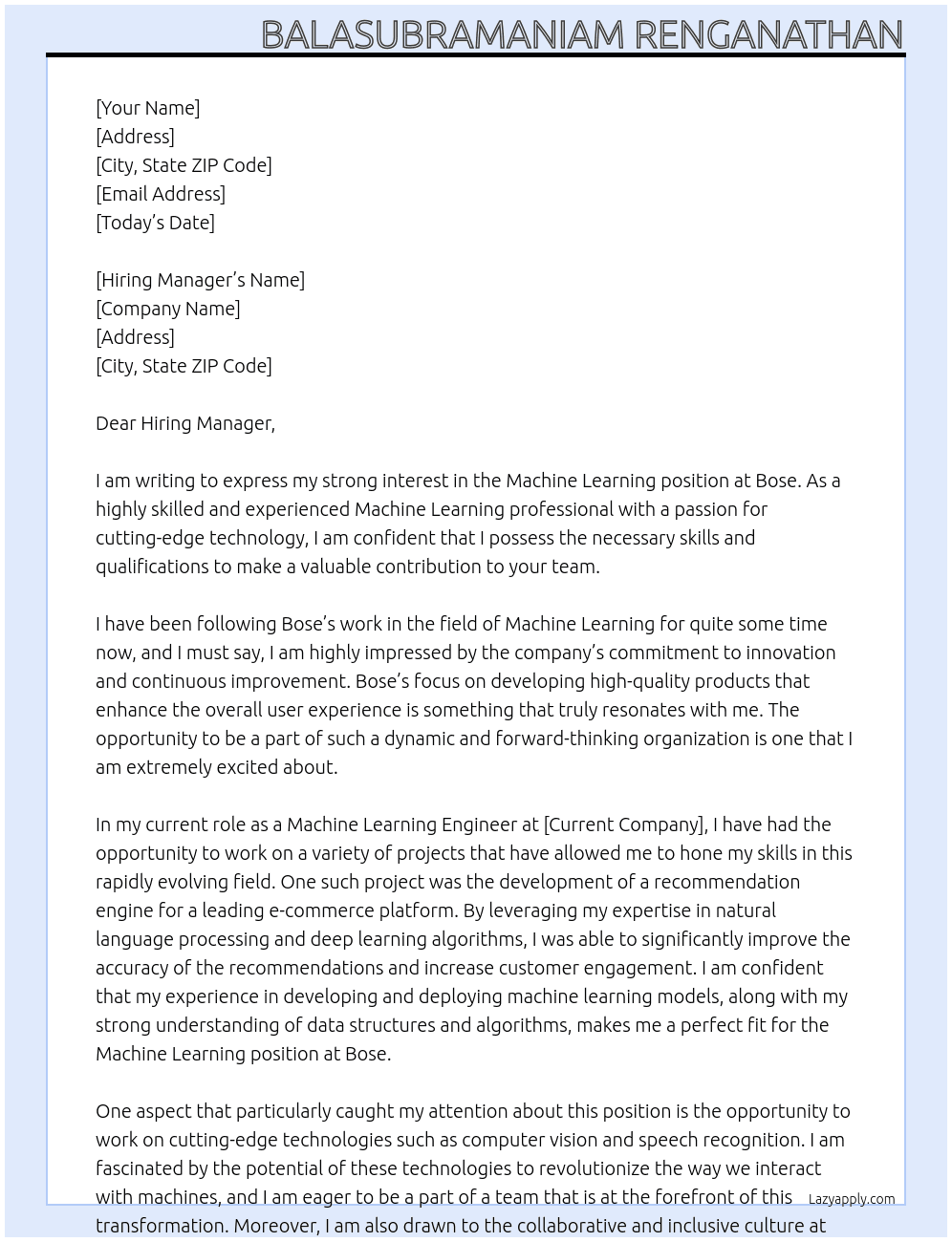 Machine Learning At Bose Cover Letter