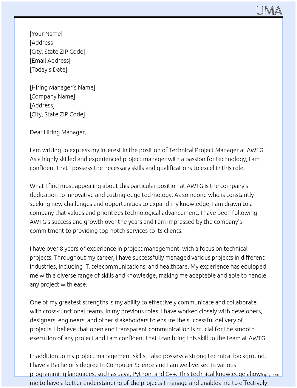 Technical proejct manager At AWTG Cover Letter