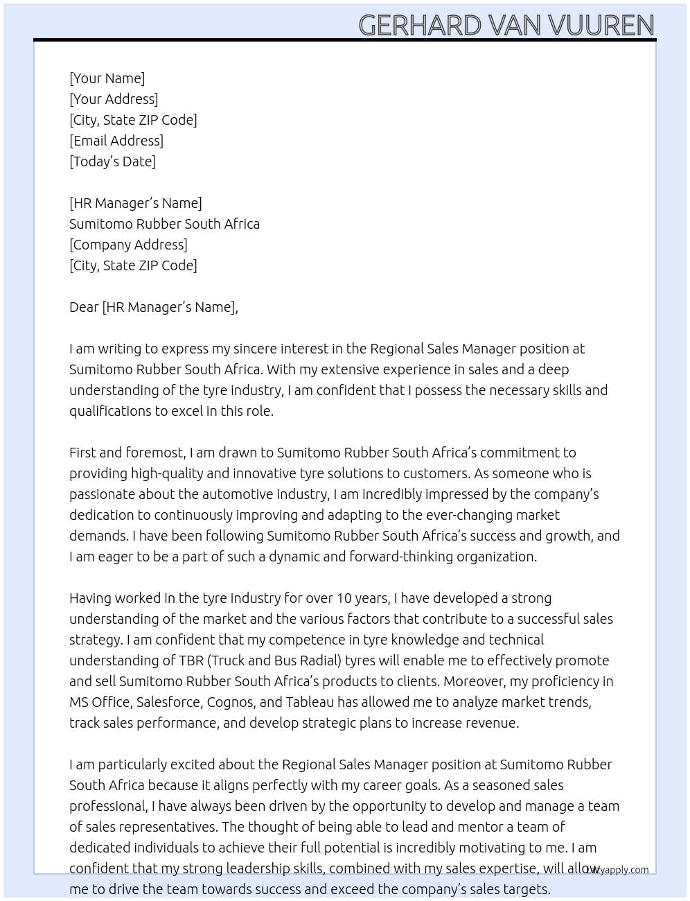 Regional sales manager At Sumitomo Rubber South Africa  Cover Letter