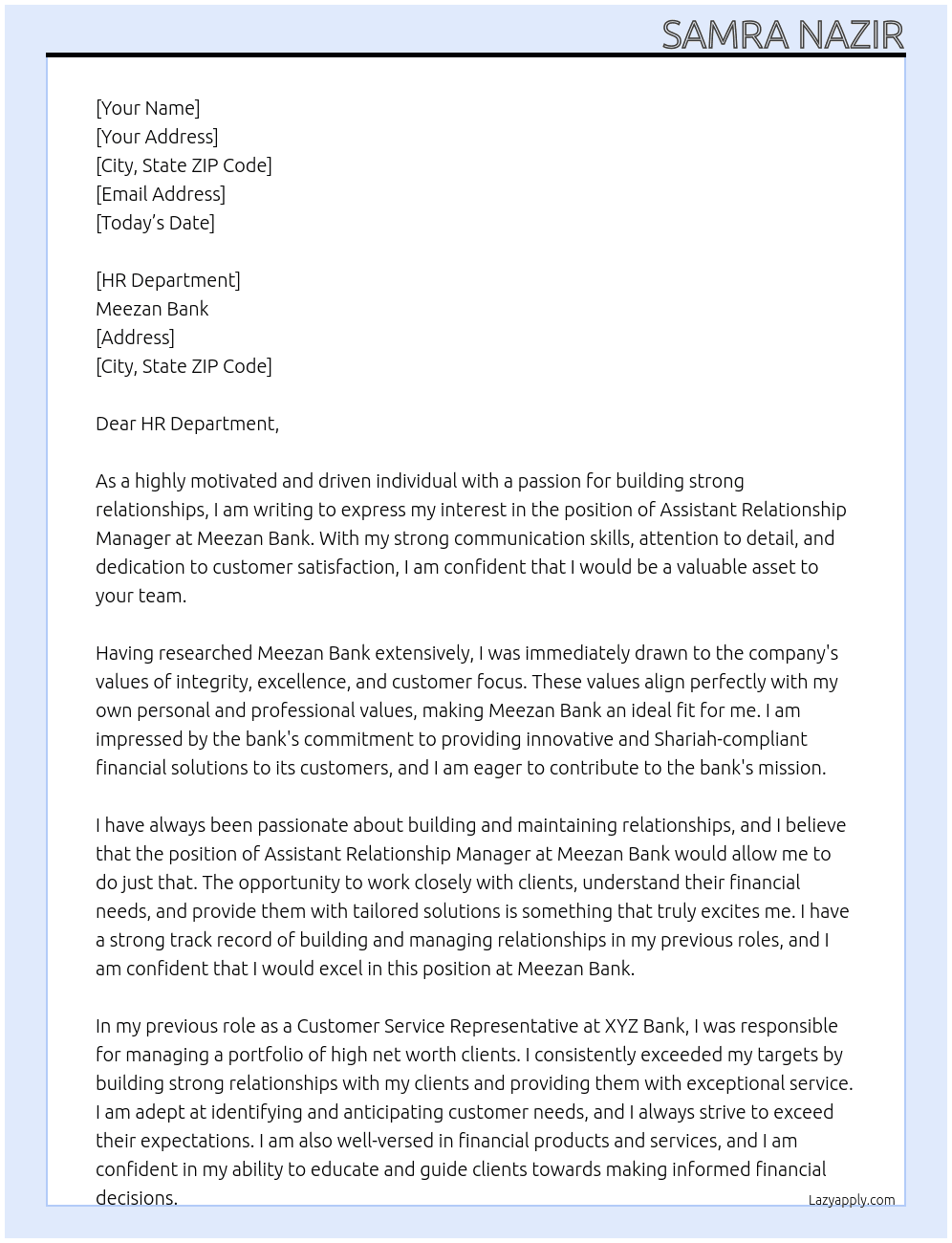 assistant relationship manager At Meezan Bank Cover Letter