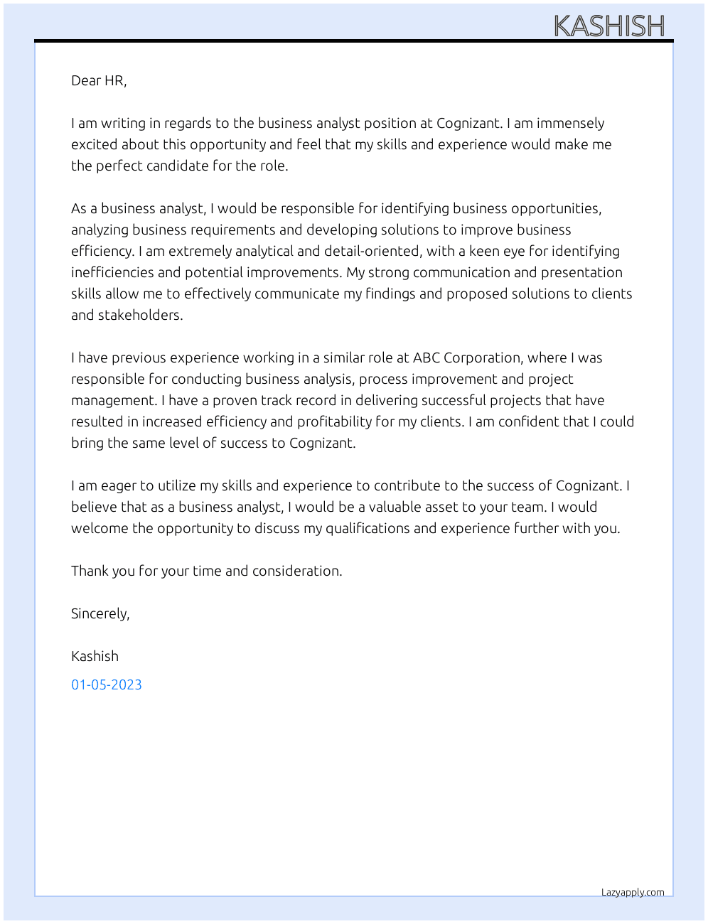 Bussiness analyst  At Cognizant  Cover Letter