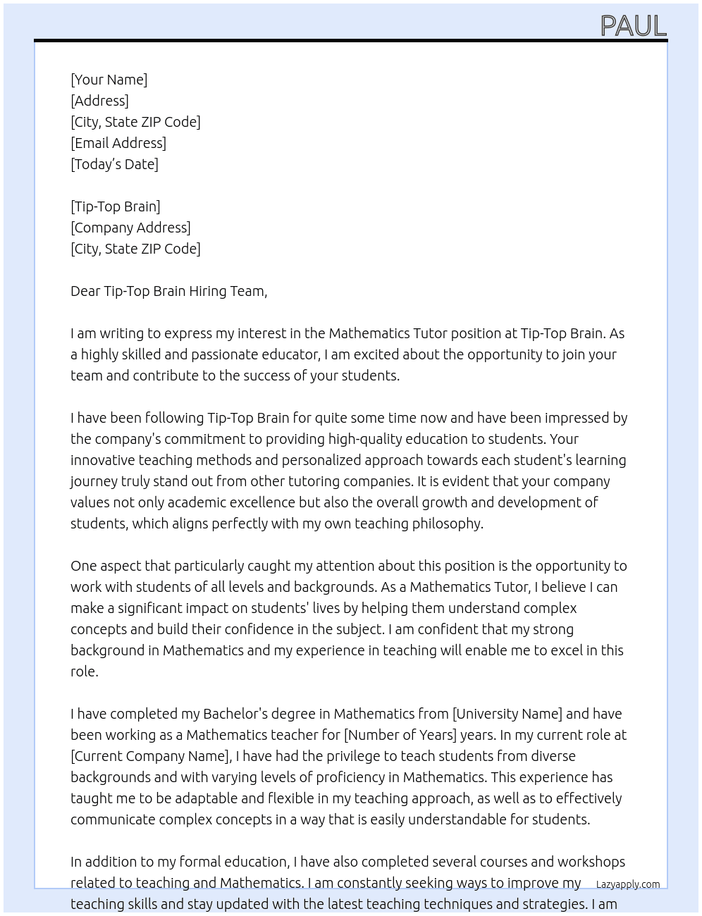 Mathematics Tutor At Tip-Top Brain  Cover Letter