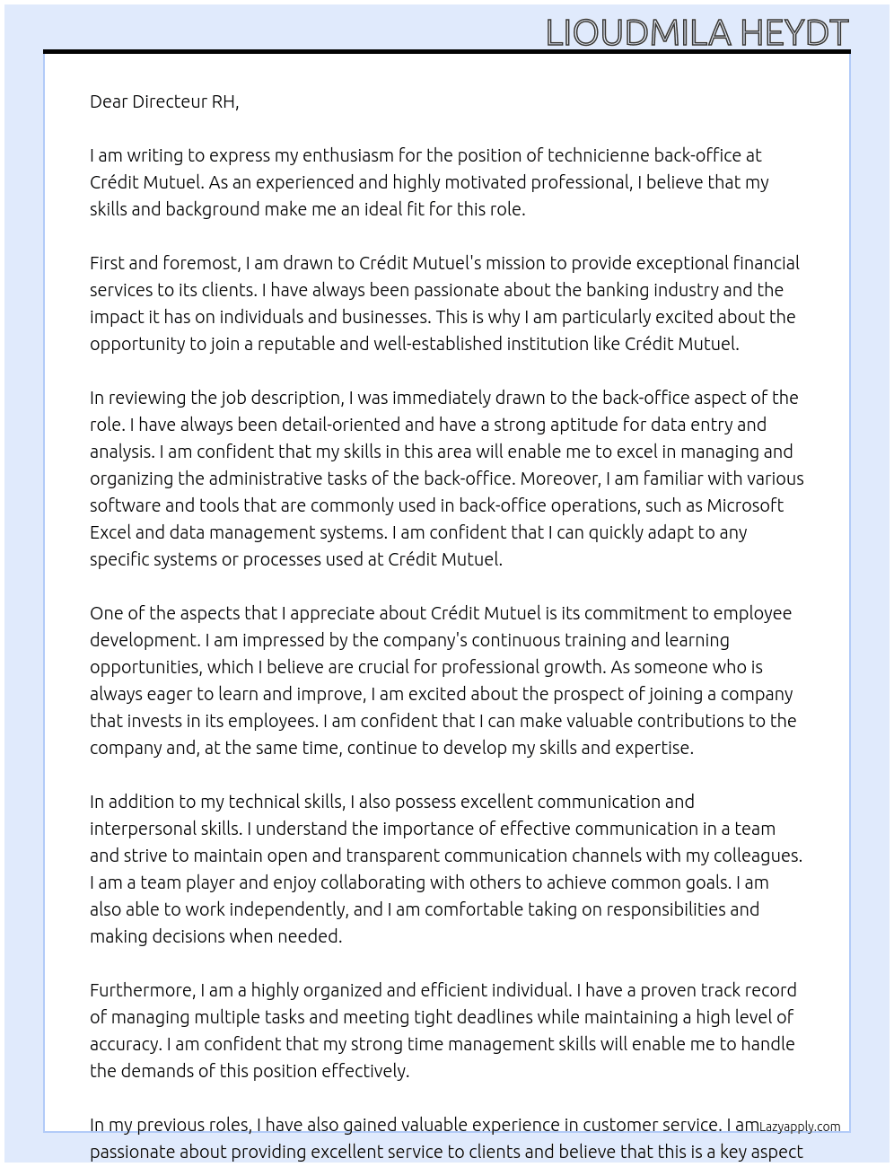technicienne back-office At Crédit Mutuel Cover Letter