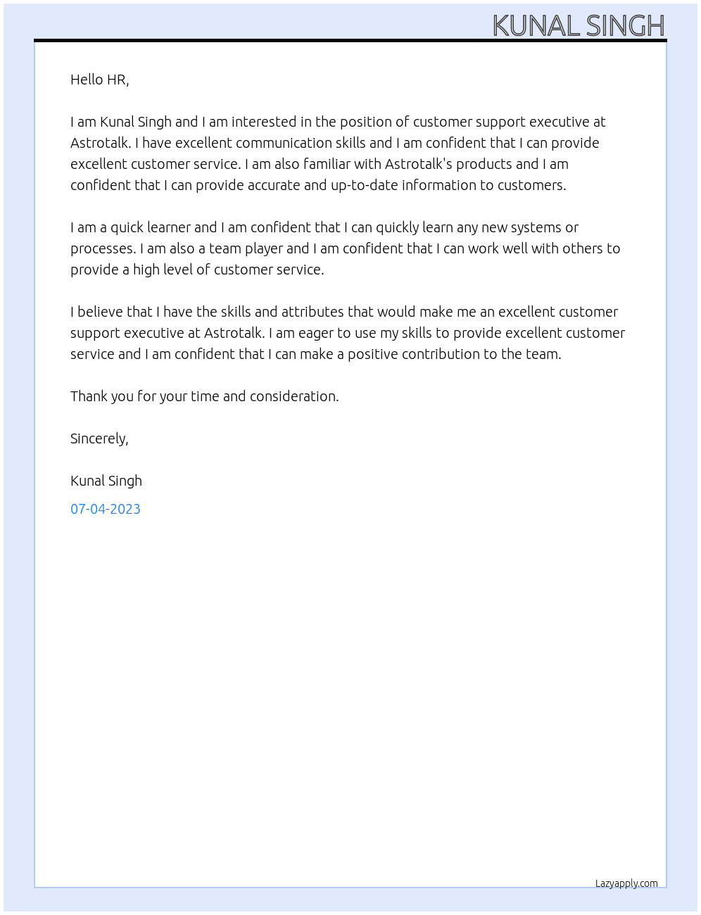 Customer support executive At Astrotalk  Cover Letter