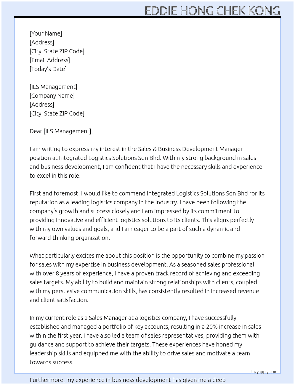 Sales & Business Development Manager At Integrated Logistics Solutions Sdn Bhd Cover Letter