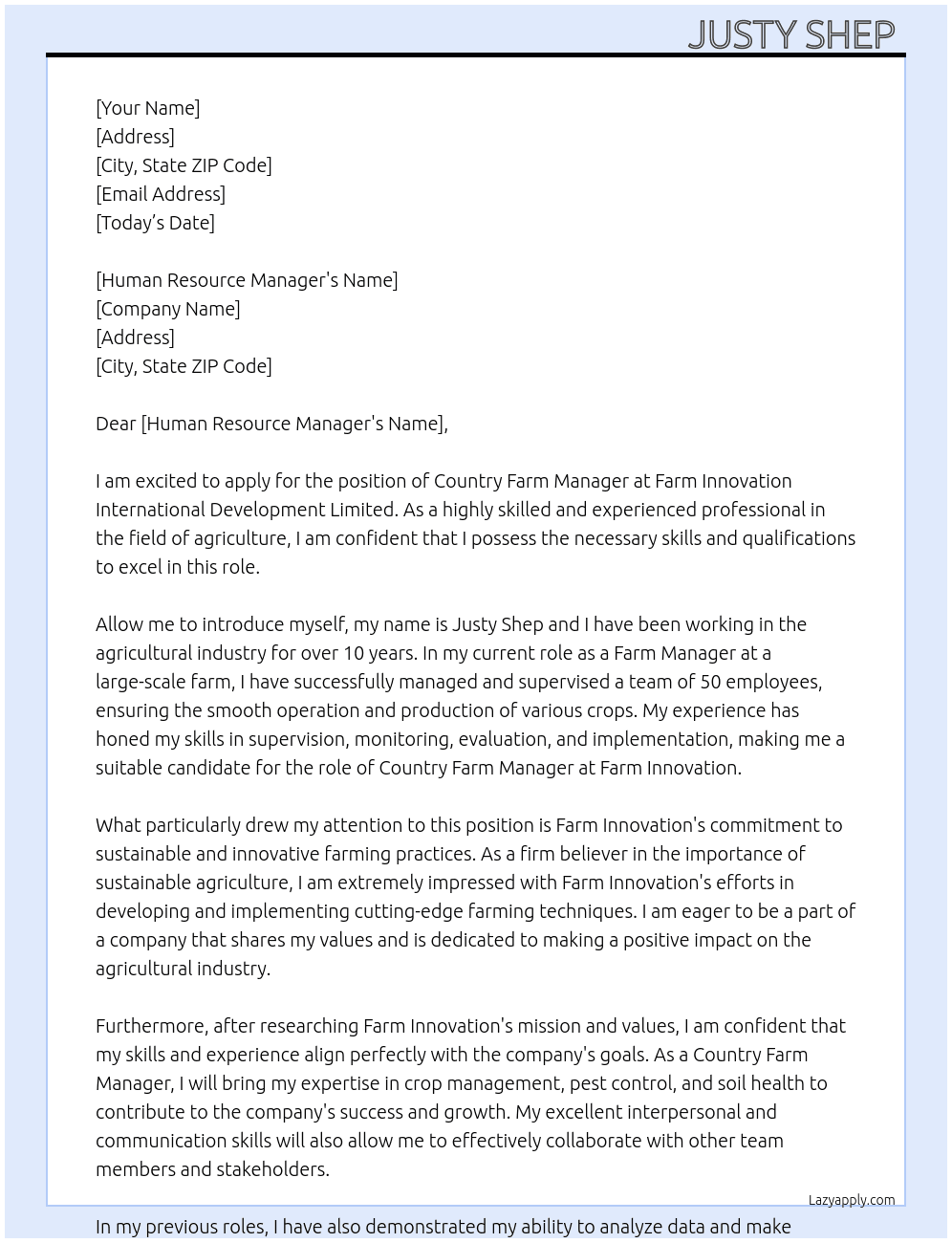 Cover letter for country farm manager - LazyApply