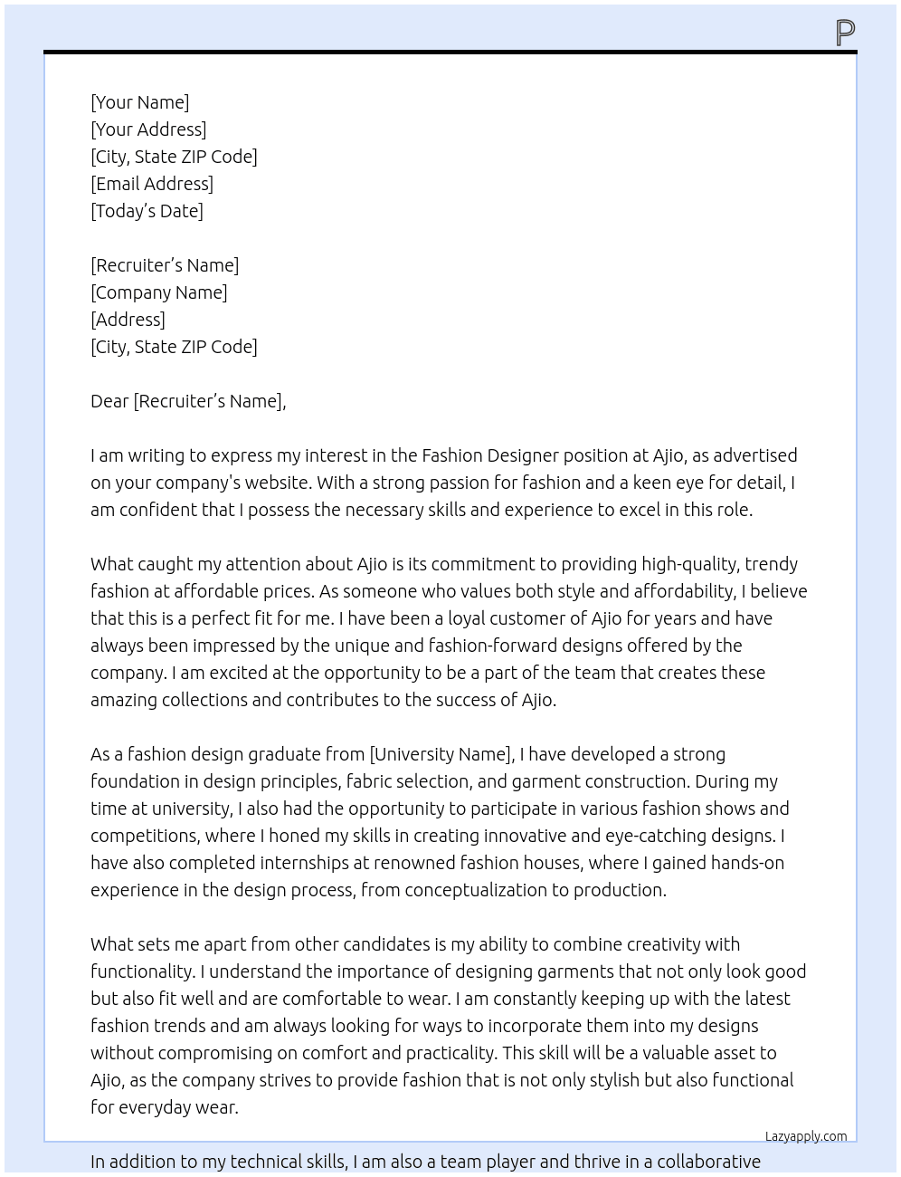 Fashion Designer  At Ajio Cover Letter